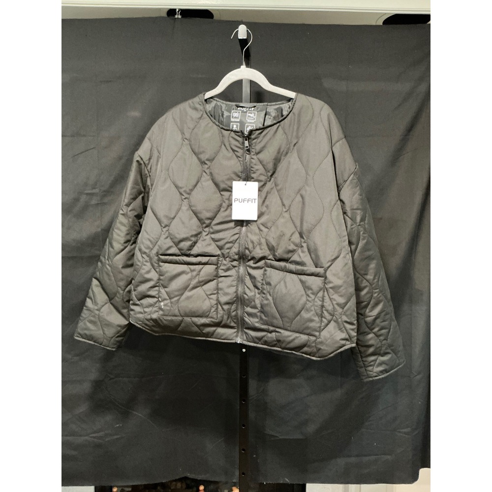 PUFFIT Quilted Jacket Black Crew Neck Long Sleeve Full Zip Women Size M